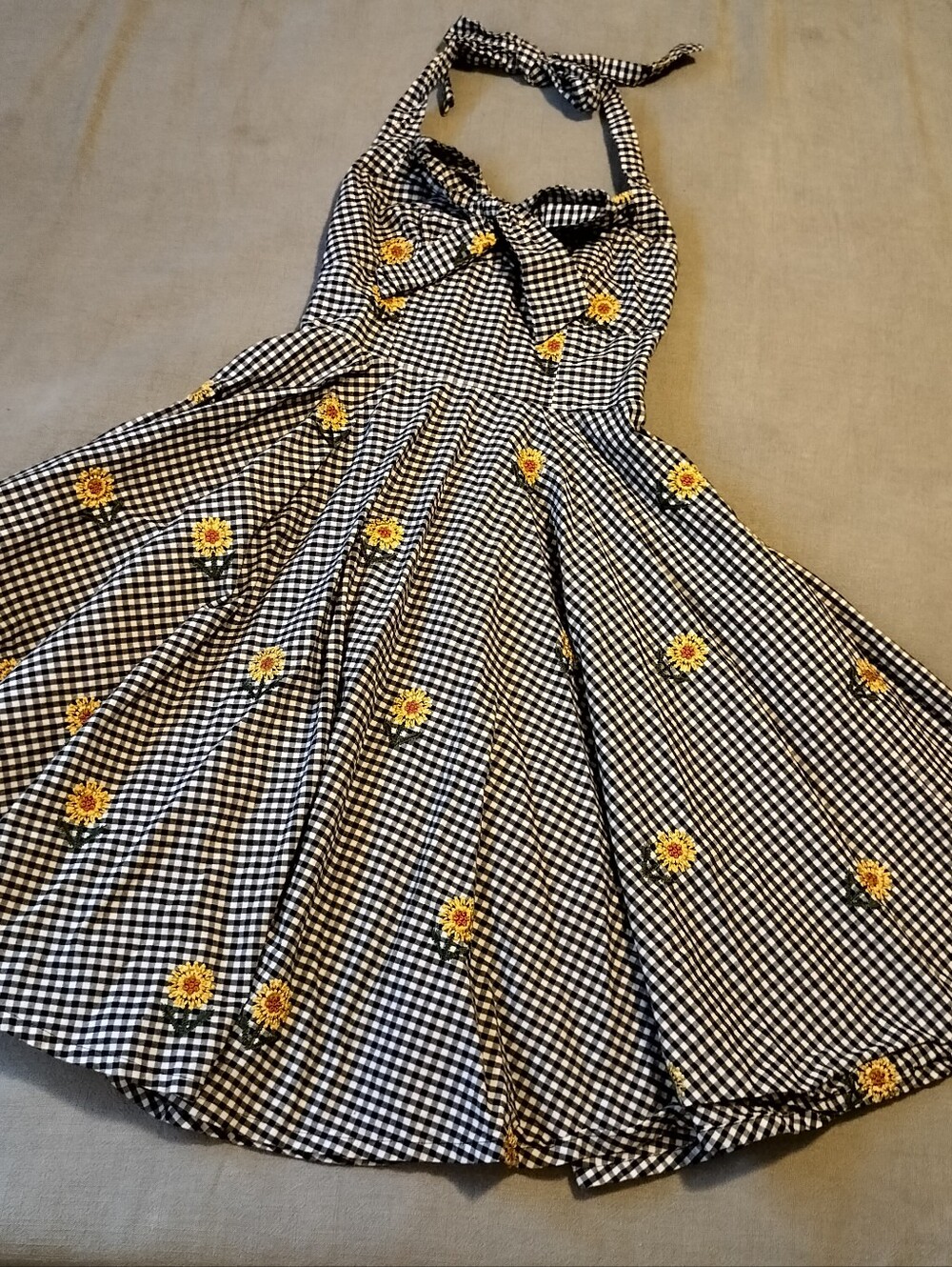 Timeless London Gingham Sunflower Halter Dress Small Bow Retro Rockabilly